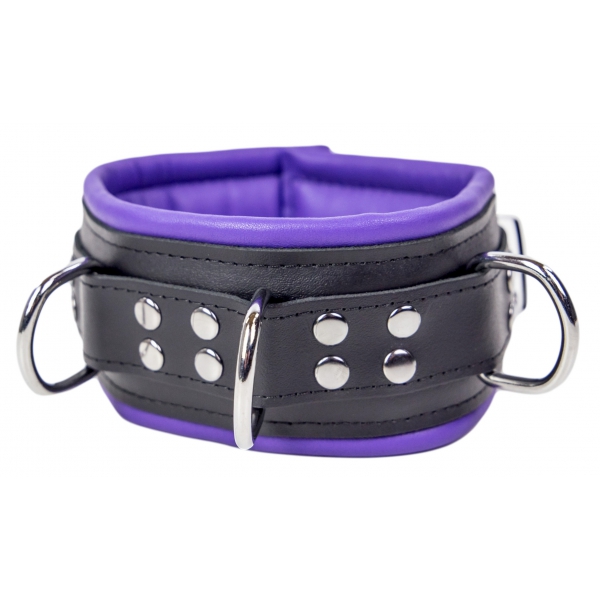 Leather Collar - Padded - 3 D-rings - Black/Purple