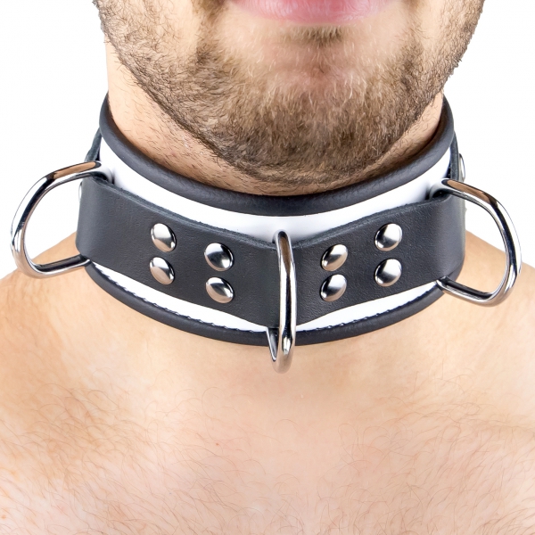 Lederen halsketting 3 Ringen D Wit-Zwart