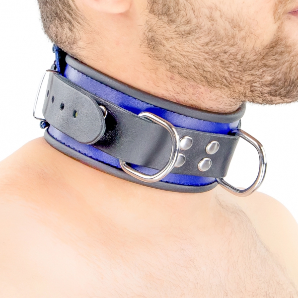 Leather necklace - 3 D rings - Blue/Black