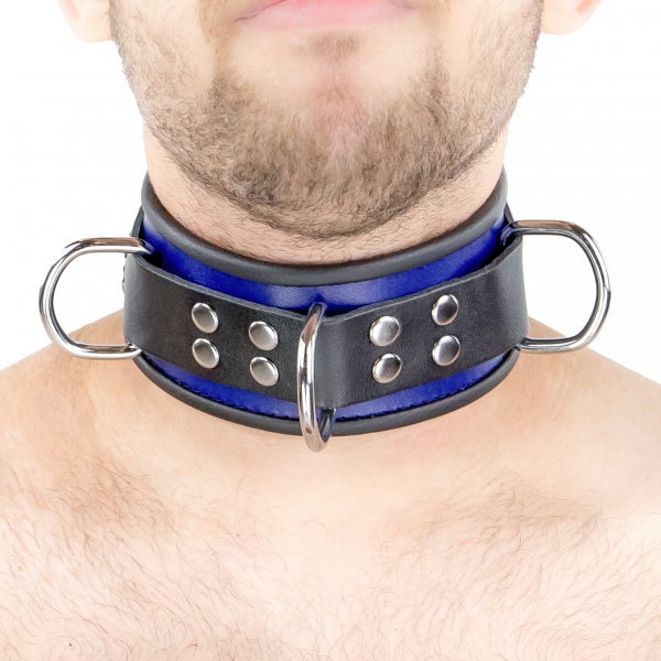 Leder-Halskette - 3 D-Ringe - Blau/Schwarz