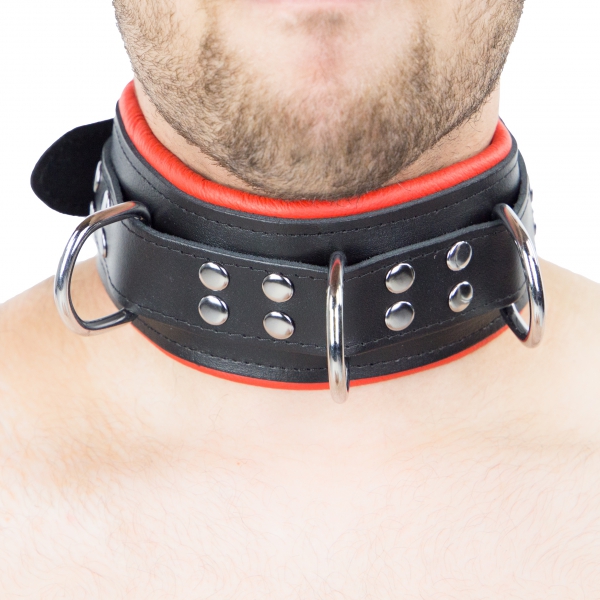 Gevoerde lederen halsband met 3 D-ringen Rood