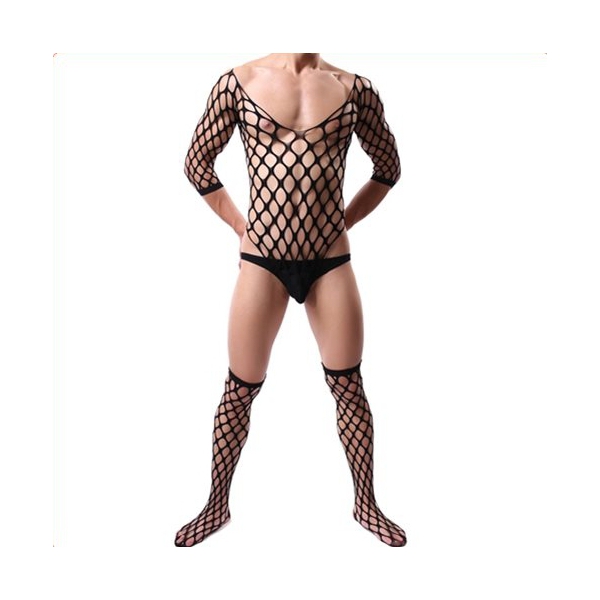 Black Elastic Fishnet One-piece Suit With Stockings