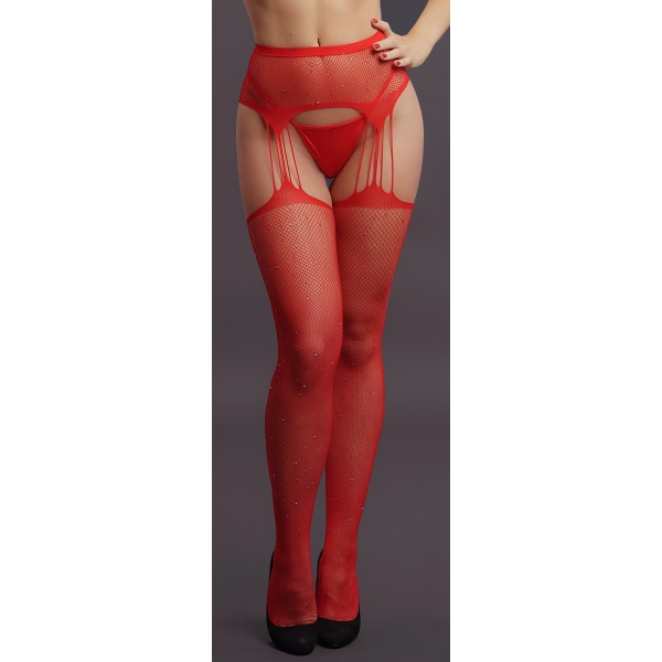 Garter belt effect tights with rhinestones Lana - Red