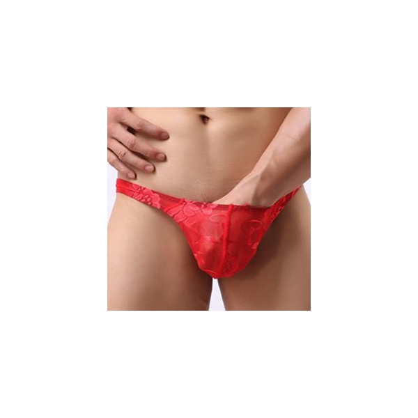 Cool See-through Low-rice T-back Lace Mankini Rouge