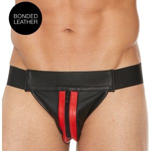 Ouch! Harness Jockstrap met rits gestreepte voorzijde zwart-rood