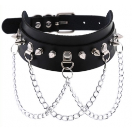Spikes Collar With Silver Chain BLACK