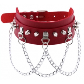 Spikes Collar With Silver Chain RED