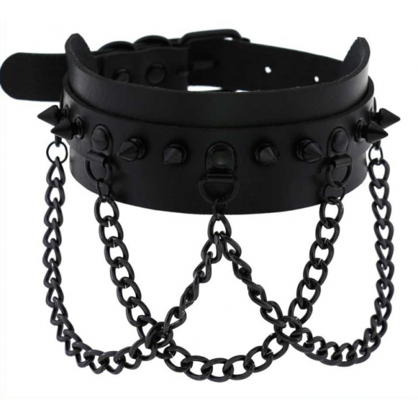 Spikes Collar With Black Chain BLACK