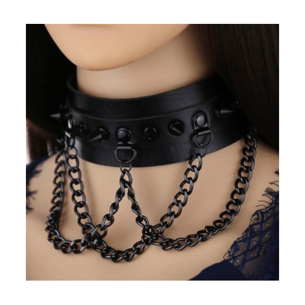 Spikes Collar With Black Chain BLACK