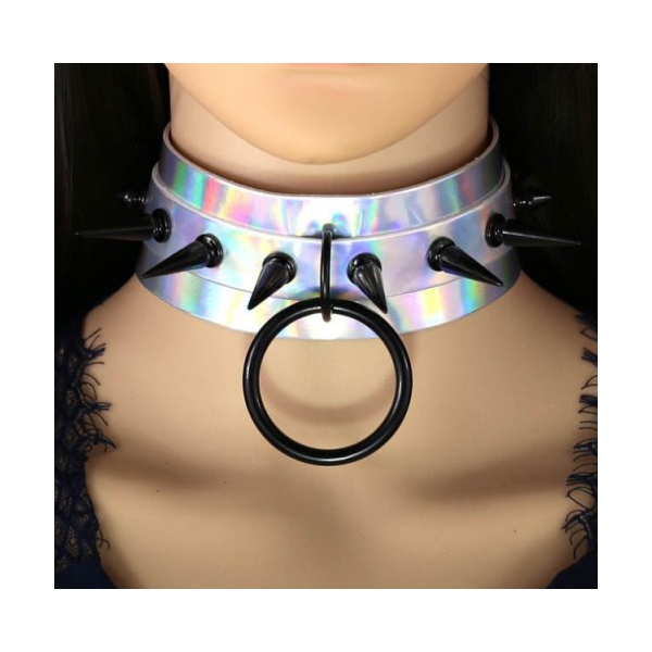 Double Layer PU Leather Black Nail Collar - Laser WHITE