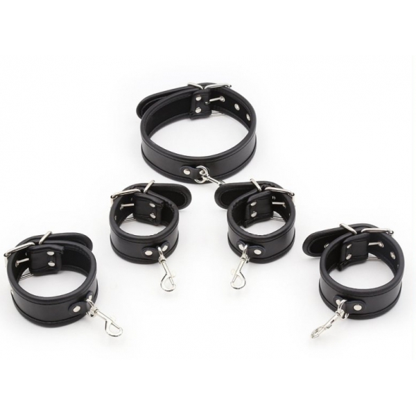 Restraint PU Leather Hands Cuffs Neck Collar Set BLACK