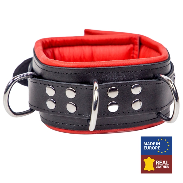 Padded leather collar with 3 D-rings Red