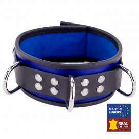 Leren halsketting - 3 D-ringen - Blauw/Zwart