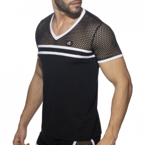 AD Fetish Black-White Mesh-Striped T-shirt