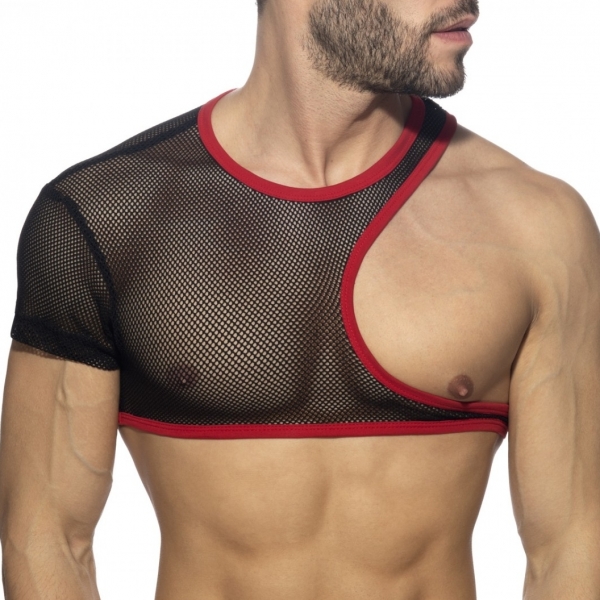 Irregular Mesh Crop Top Black-Red