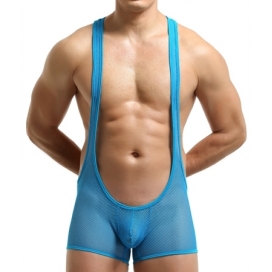 Hot Selling Pure Mesh Boxers Bodysuit BLUE