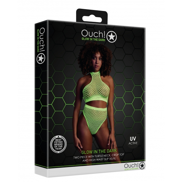 Conjunto de corpete e cueca em malha verde fluorescente