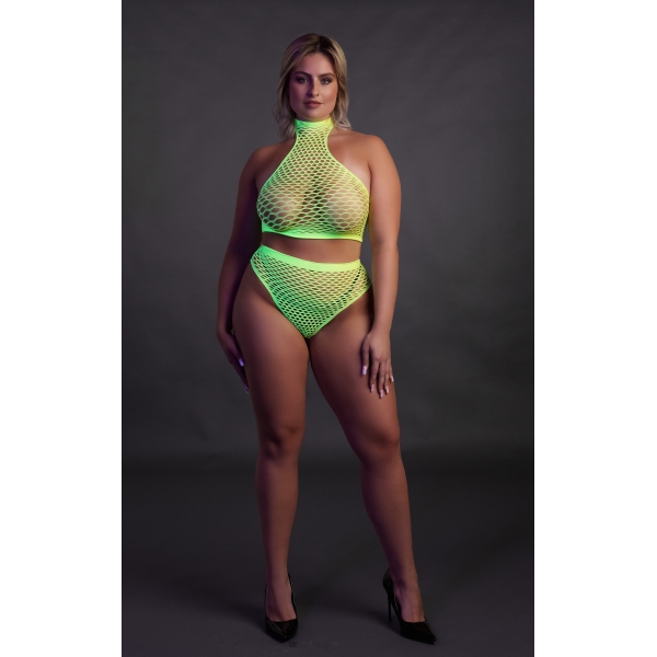 Conjunto de corpete e cueca em malha verde fluorescente