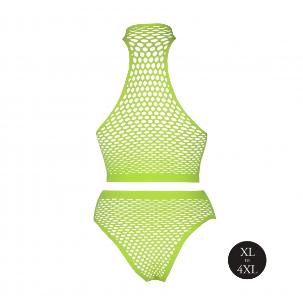 Conjunto de corpete e cueca em malha verde fluorescente