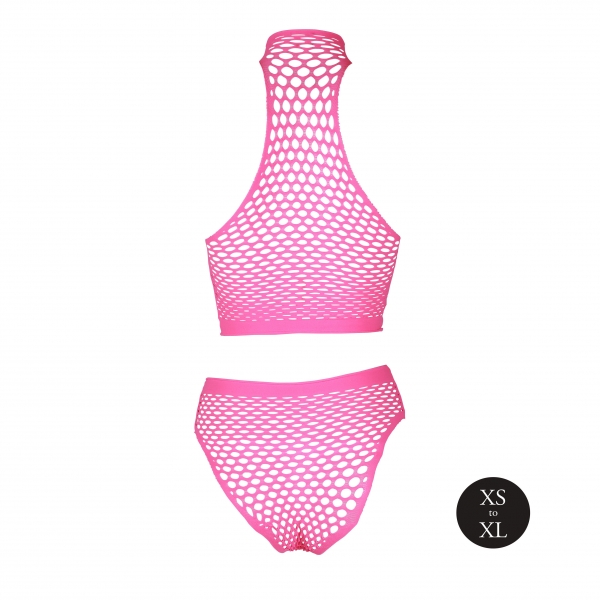 Conjunto de corpiño y braguita de rejilla rosa fluorescente