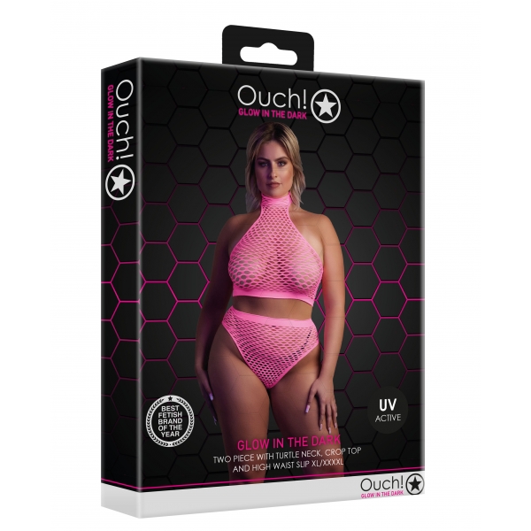 Set bustier e mutandine a rete rosa fluorescente