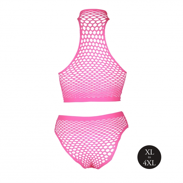 Conjunto de corpiño y braguita de rejilla rosa fluorescente