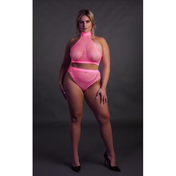 Set bustier e mutandine a rete rosa fluorescente