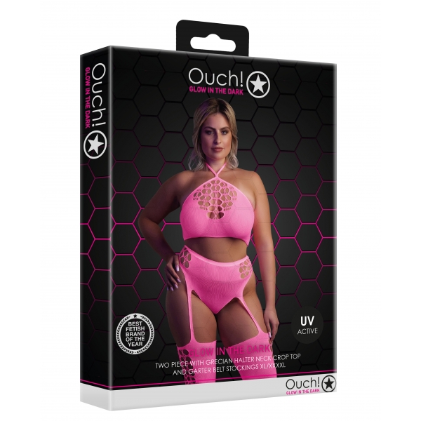 Fluorescerend Roze 2-delige Bustier en Jarretelgordel Set