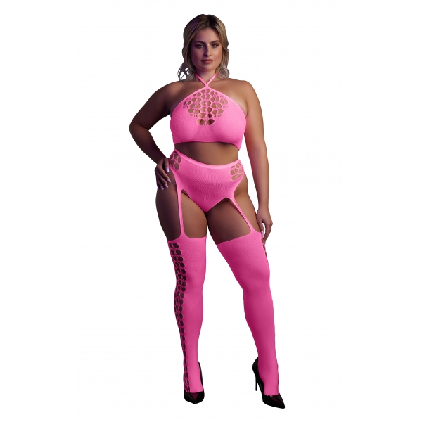 Zweiteiliges Set aus Bustier und Strapsgürtel in Neonpink