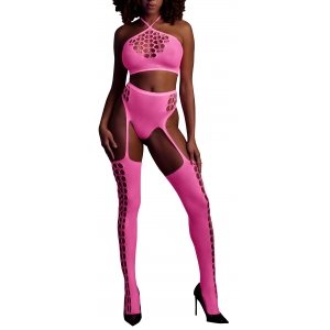 Ouch! Glow Fluorescerend Roze 2-delige Bustier en Jarretelgordel Set