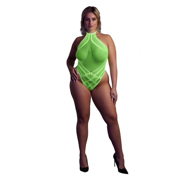 Bodysuit de rede com halteres verde fluo