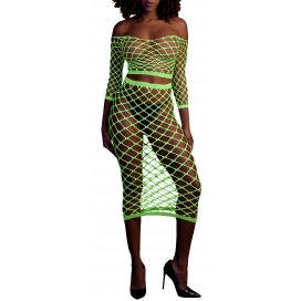 Ouch! Glow Fluorescent green bustier and off-the-shoulder net dress