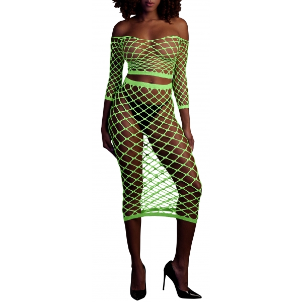 Fluorescent green bustier and off-the-shoulder net dress