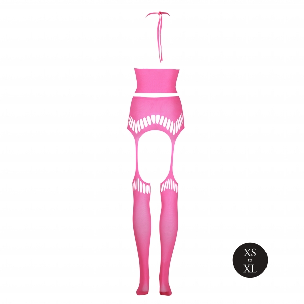 Fluorescent pink 2-piece halter top and garter belt set