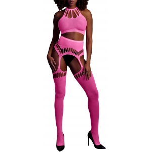 Ouch! Glow Fluorescent pink 2-piece halter top and garter belt set