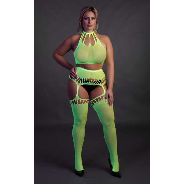 Set verde fluorescente di 2 pezzi con bustier e cintura per reggiseno