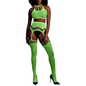 Ouch! Glow Fluorescent green 2-piece halter top and garter belt set