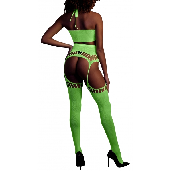 Fluorescent green 2-piece halter top and garter belt set