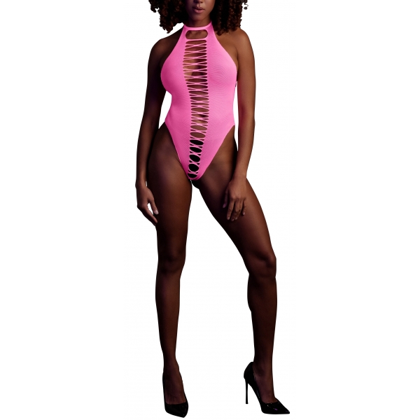 Fluorescent pink open crotch bodysuit with bare back