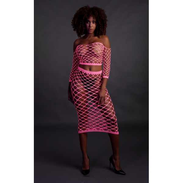 Fluorescerend Roze Bustier en Off-the-shoulder Mesh Jurk