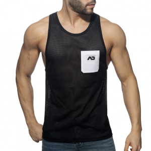 Addicted Mesh Pocket Contrast Tank Top Black-White