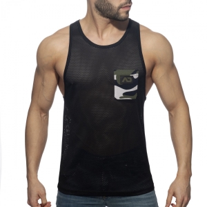 Addicted Mesh Pocket Contrast Tank Top Black-Army