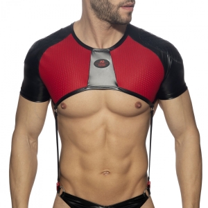 AD Fetish Crop Top Harness with Gladiator Shoulder Straps Black-Red