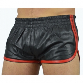 MenSexyWear Sports Line Black-Red Imitation Leather Shorts