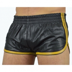 MenSexyWear Pantalón corto de imitación de piel negro-amarillo Sports Line
