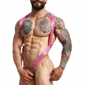 MOB Eroticwear Crossback Elastic Harness and Cockring Dngeon Pink
