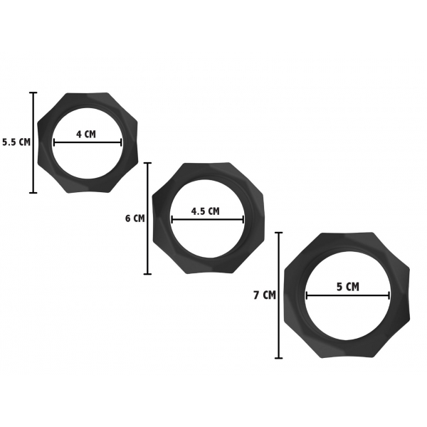 Juego de 3 anillos en forma de C de silicona negros y gruesos