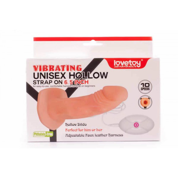 Dildo de correia vibratória unisexo oco 16 x 4,3 cm