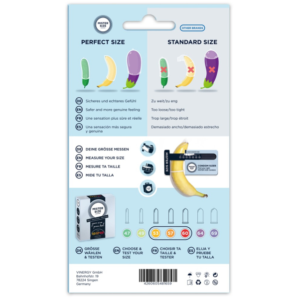 Préservatifs + Mesureur Mister Size Échantillon 3 tailles 53, 57 et 60mm