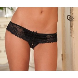 Thong with lace open crotch - Black